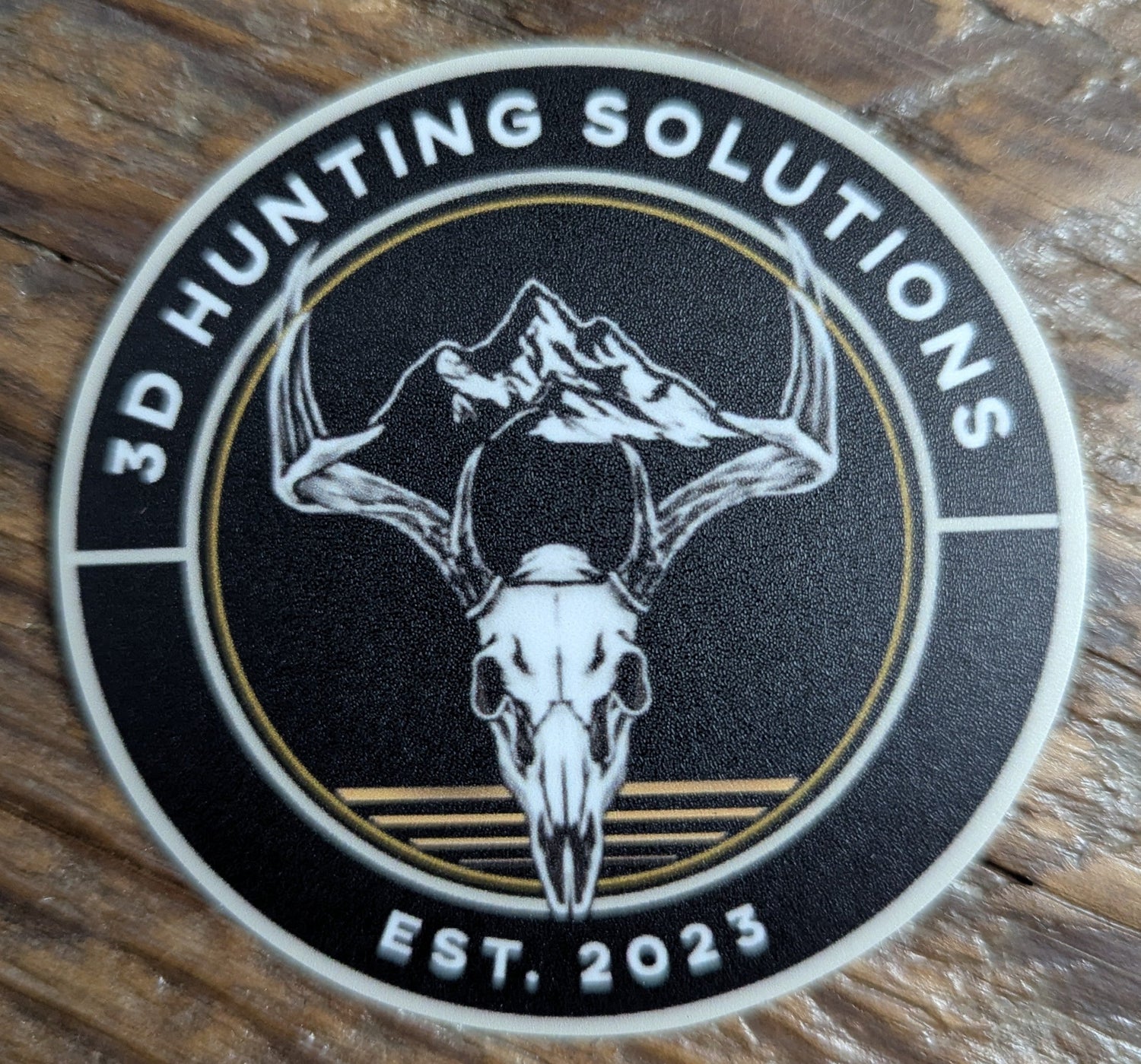 Round 3DHS Stickers from 3D Hunting Solutions featuring detailed hunting-themed designs on glossy surface.