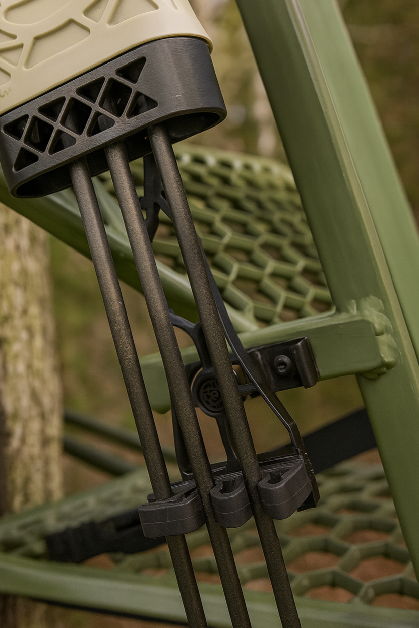 Mathews treestand archery quiver caddy mounted on a tree, designed for easy arrow storage and quick access during hunting.