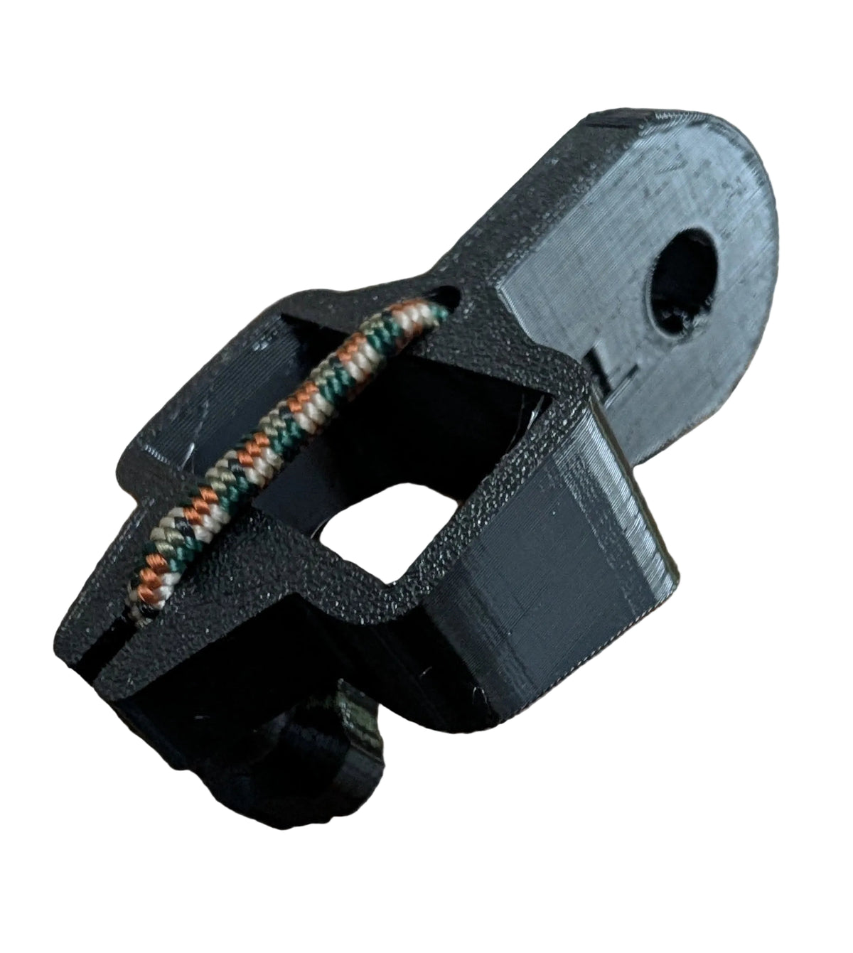 3D Hunting Solutions archery release stabilizer holster for thumb releases, shown attached to a bow in a close-up view.