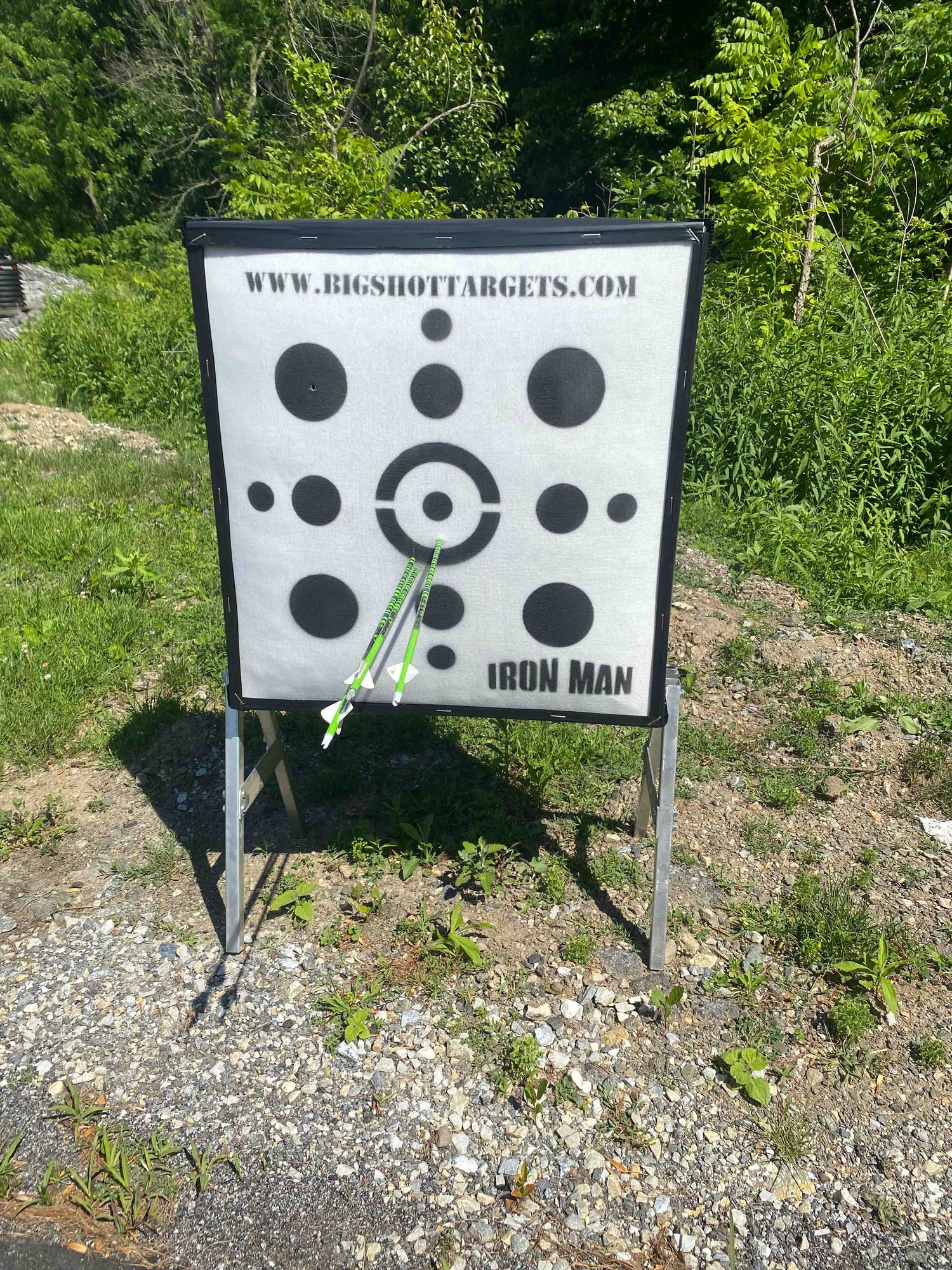 Iron Man 30-inch personal range target with stand, designed for archery practice by BIGshot Archery.