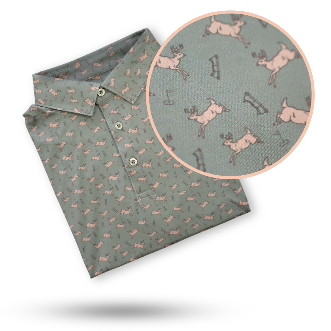 Gray Bow Crew Apparel Bows & Bucks golf polo shirt, classic fit, with bow hunting-themed design for men.