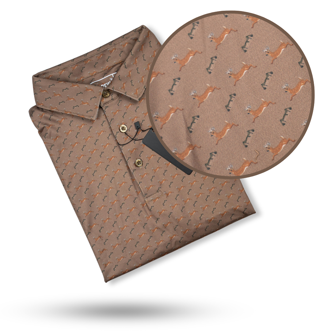 Bow Crew Apparel Jumpin' Buck golf polo t-shirt featuring a graphic of a jumping buck deer for hunting enthusiasts.