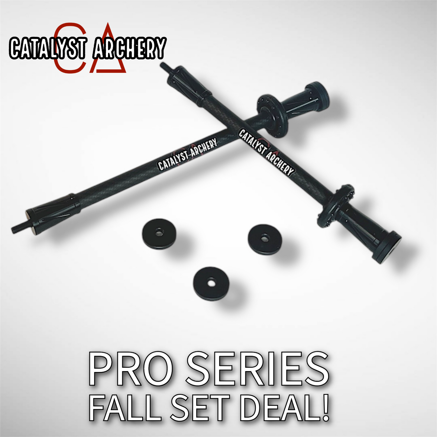 Catalyst Archery Pro Series hunting stabilizers set, includes 8-inch and 6-inch stabilizers for improved bow stability and accuracy.