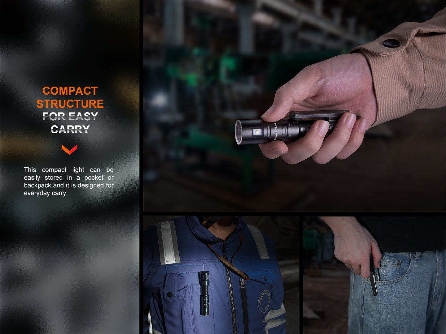 Fenix LD12R EDC flashlight with dual lighting, 600 lumens, compact design, and black body for everyday carry.