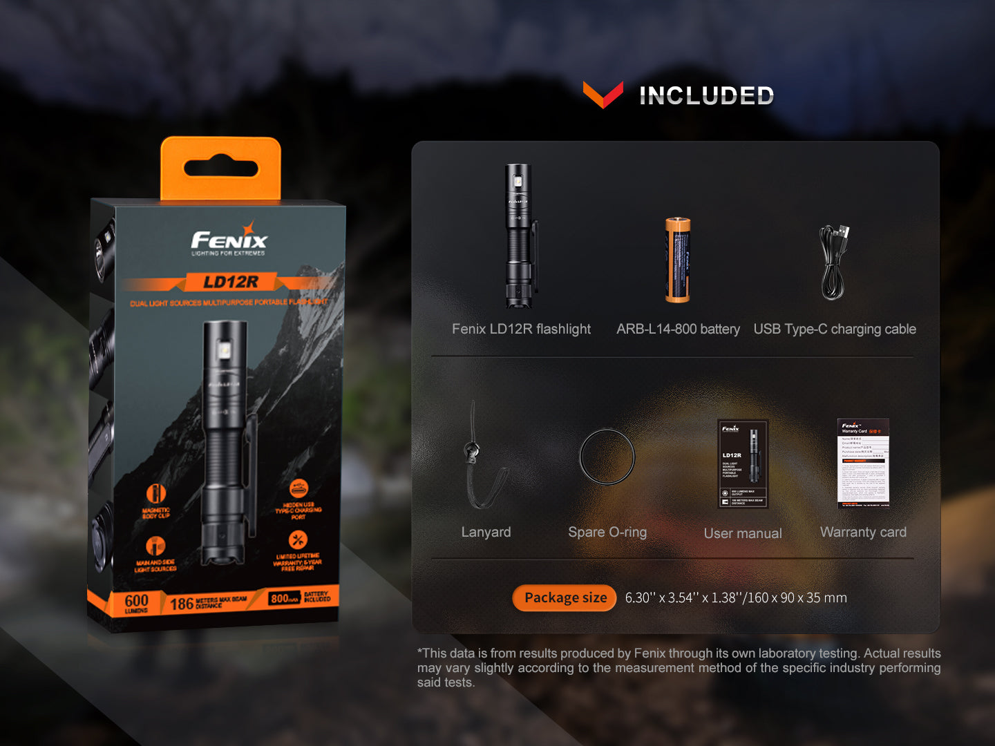 Fenix LD12R dual light EDC flashlight with 600 lumens, compact design, black body, and adjustable beam for versatile use