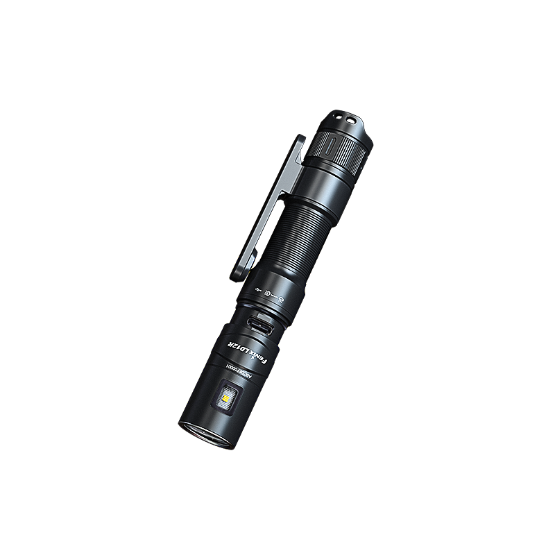 Fenix LD12R EDC flashlight with dual light modes, 600 lumens, compact design, black body, and adjustable focus.