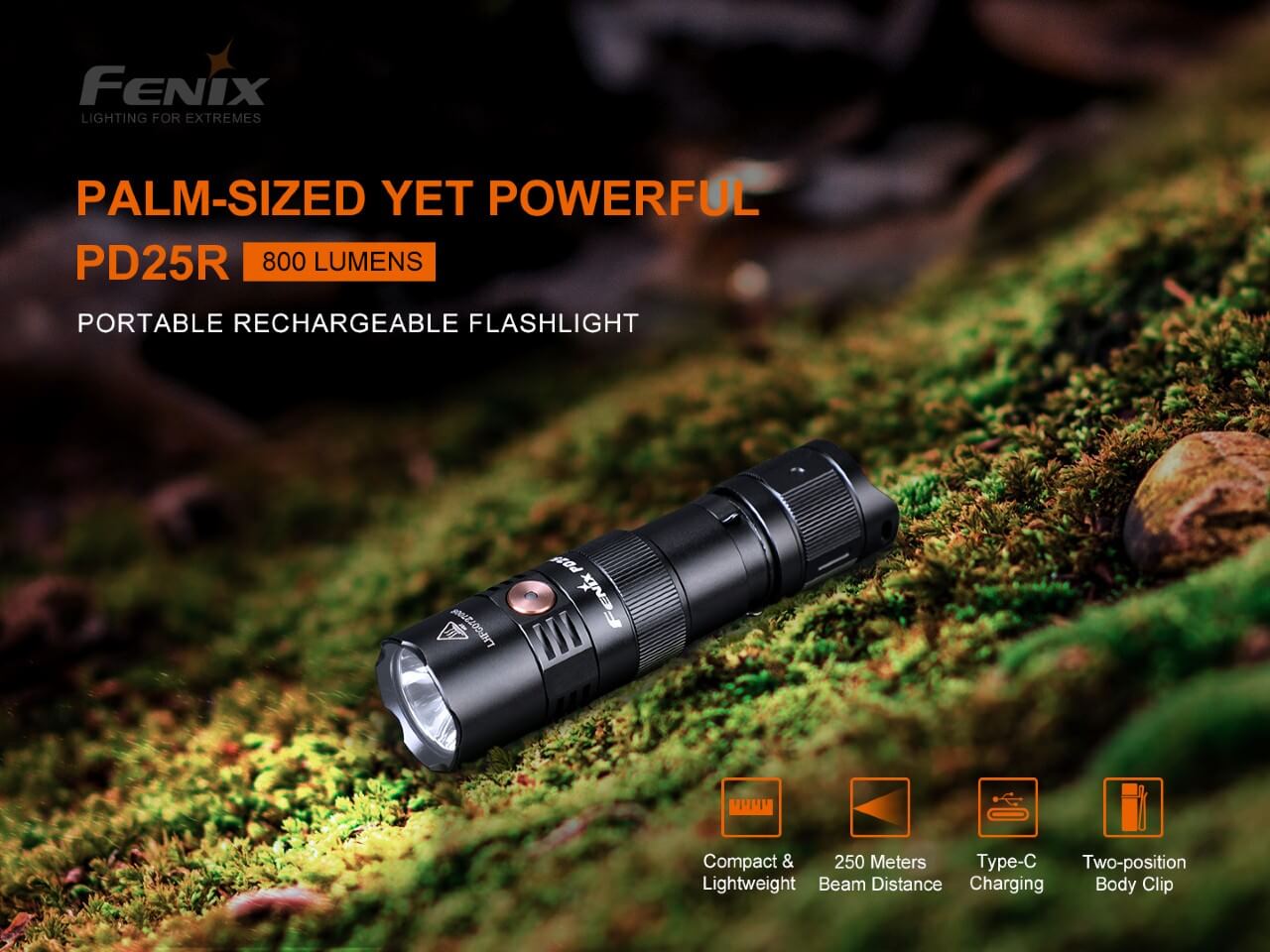 Fenix PD25R rechargeable LED EDC flashlight with black body, compact design, and textured grip for handheld use.