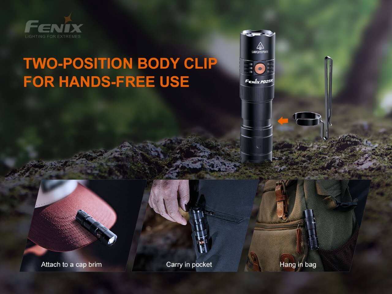 Fenix PD25R rechargeable LED EDC flashlight shown with black body, compact design, and adjustable focus.
