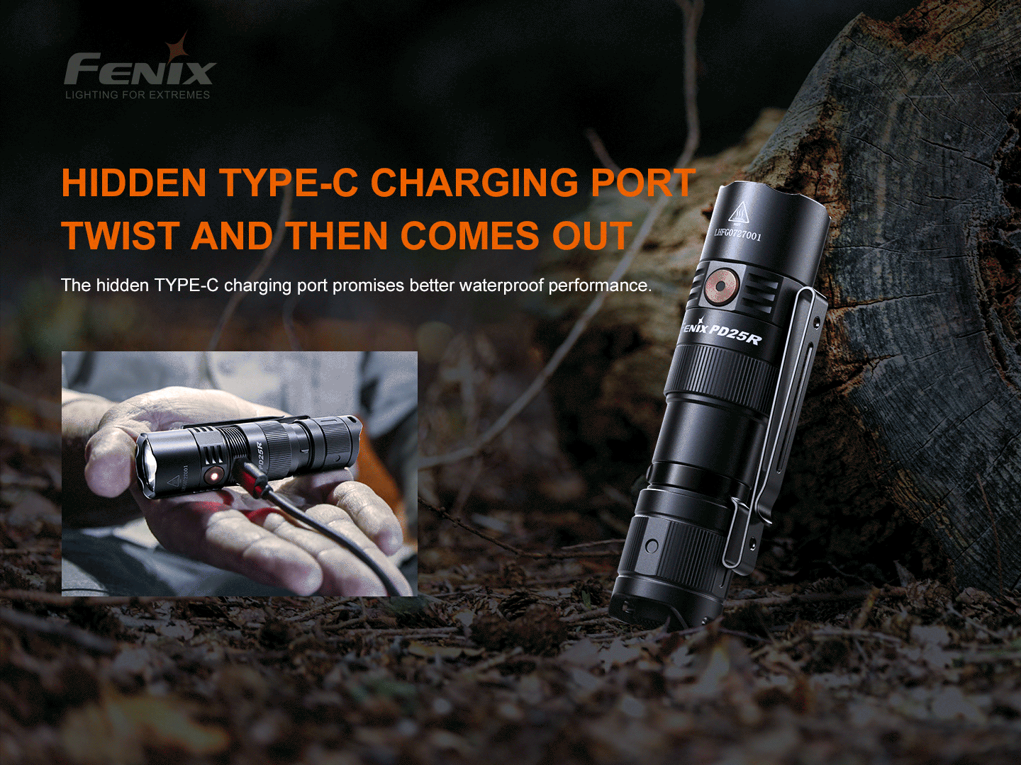 Fenix PD25R rechargeable LED EDC flashlight showing compact design and textured grip, ideal for everyday carry.