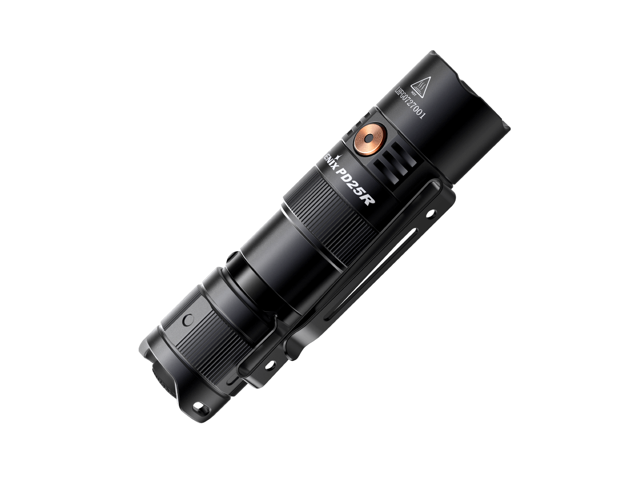 Fenix PD25R rechargeable LED EDC flashlight with compact design and bright beam, positioned on a neutral background.
