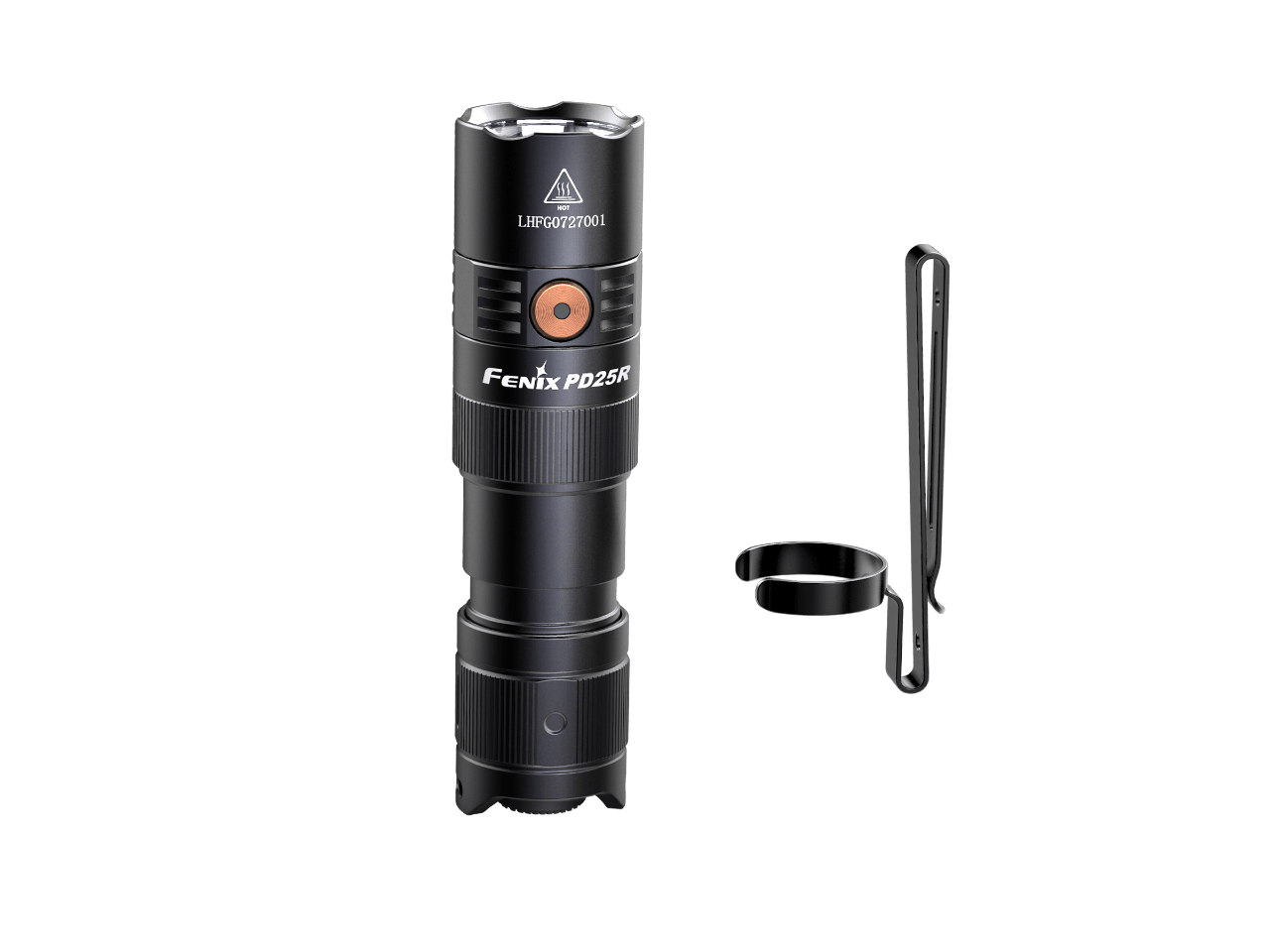 Fenix PD25R rechargeable LED EDC flashlight with black body and textured grip, turned on showing bright beam.
