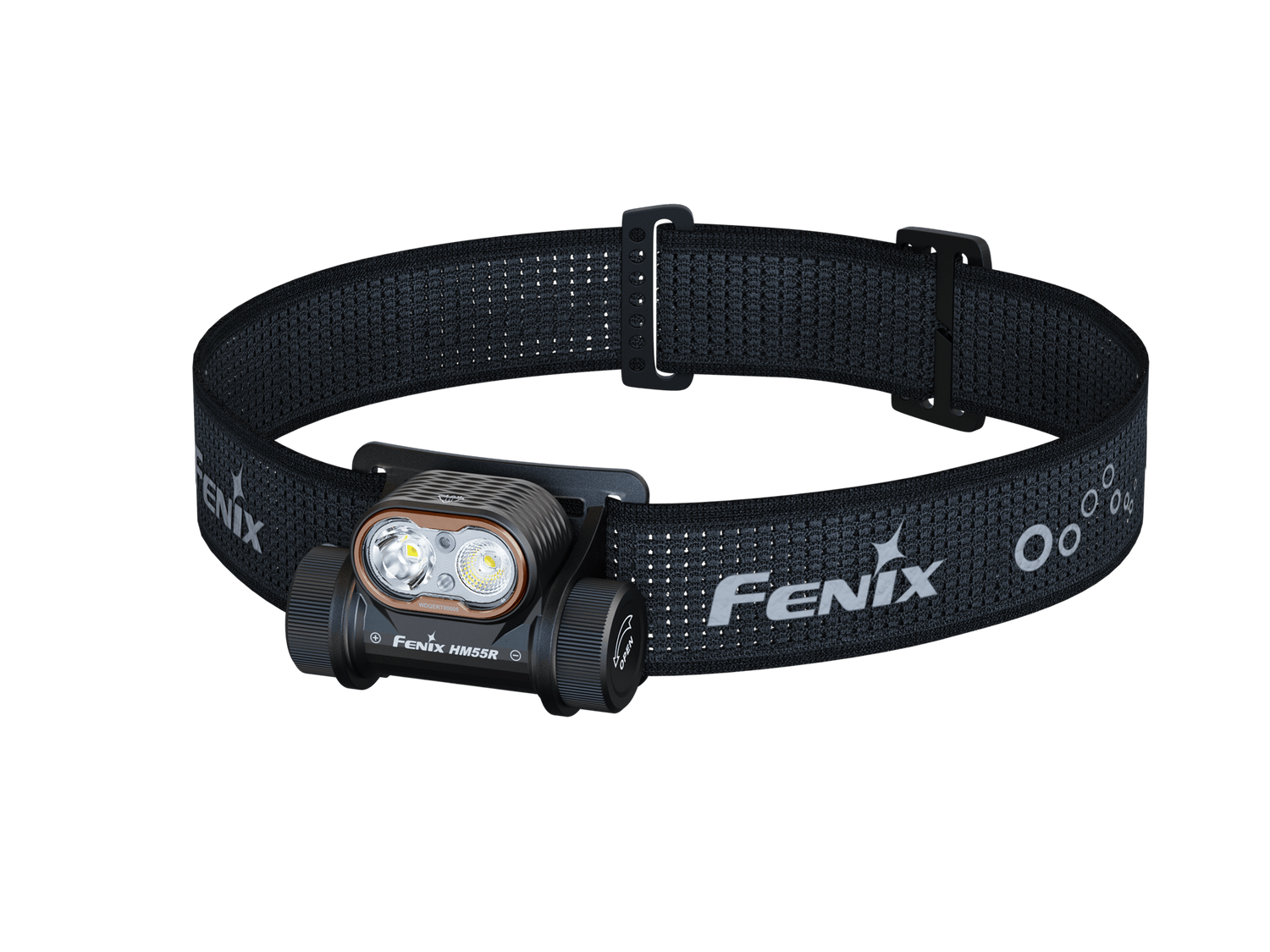 Black Fenix HM55R lightweight multi-LED headlamp with adjustable strap and bright illumination for outdoor activities.