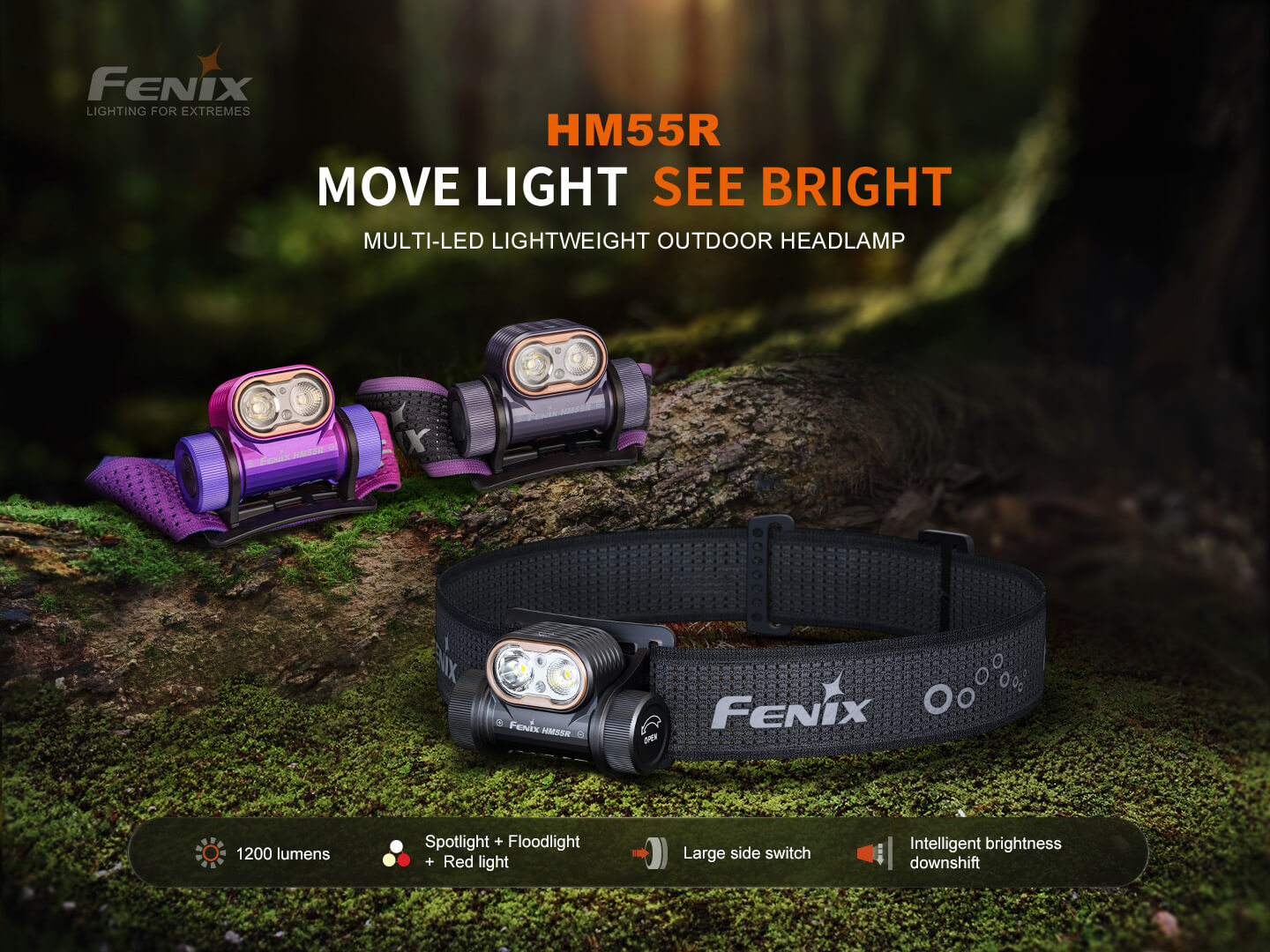 Fenix HM55R lightweight multi-LED headlamp with black strap and durable design, suitable for outdoor activities and nighttime use.