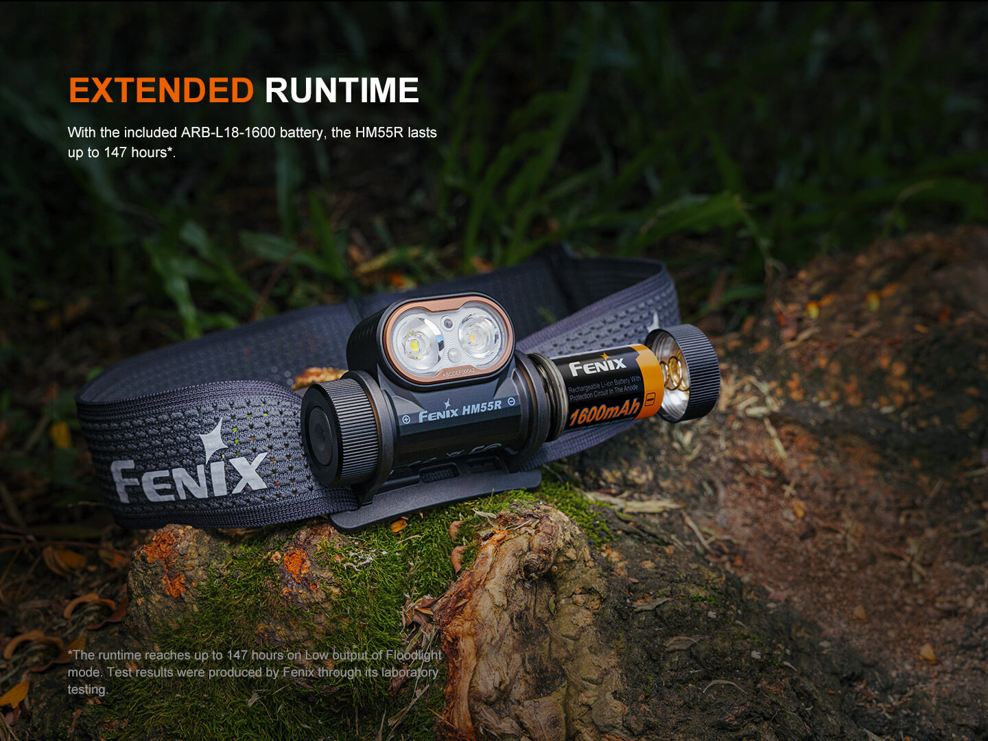 Black Fenix HM55R lightweight multi-LED headlamp showing adjustable head strap and multiple LED lights for outdoor use.