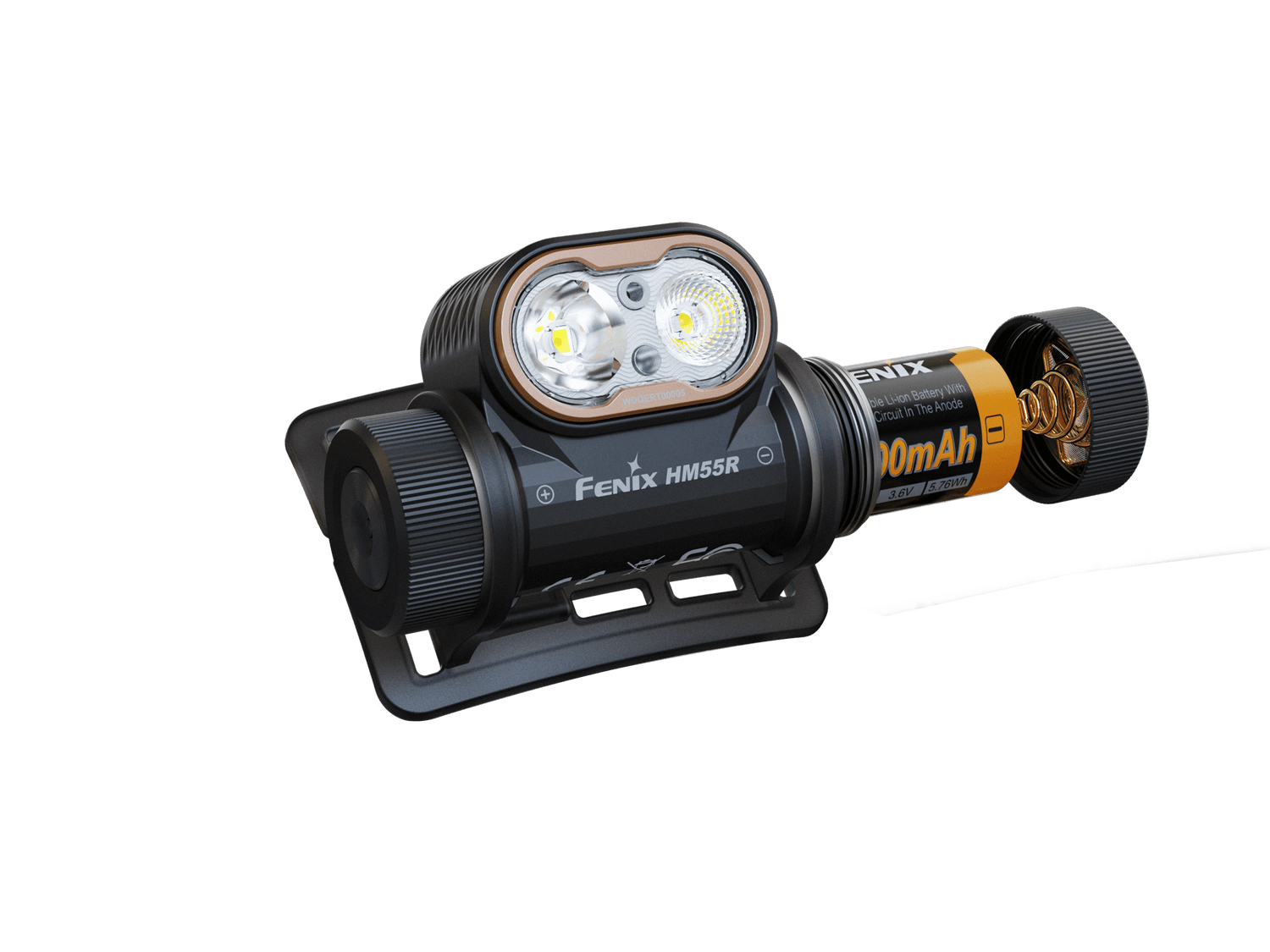 Black Fenix HM55R lightweight multi-LED headlamp with adjustable strap and multiple brightness modes for outdoor activities.