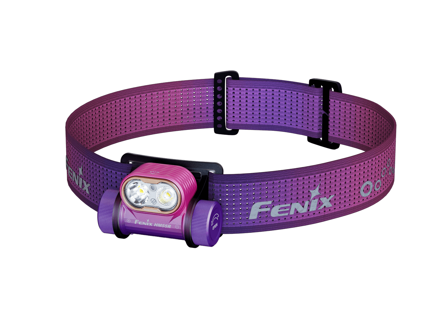 Black Fenix HM55R lightweight multi-LED headlamp showing its adjustable head strap and multiple LED lights for outdoor use.