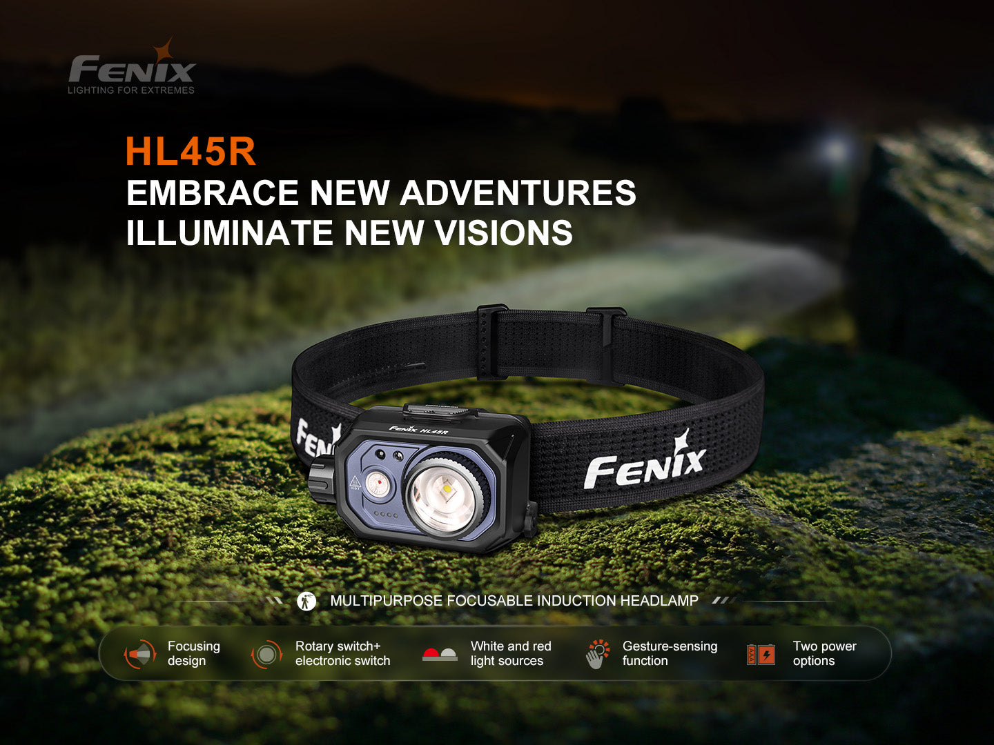 Fenix HL45R rechargeable headlamp with focusing and gesture-sensing features, shown with adjustable strap and bright LED light.