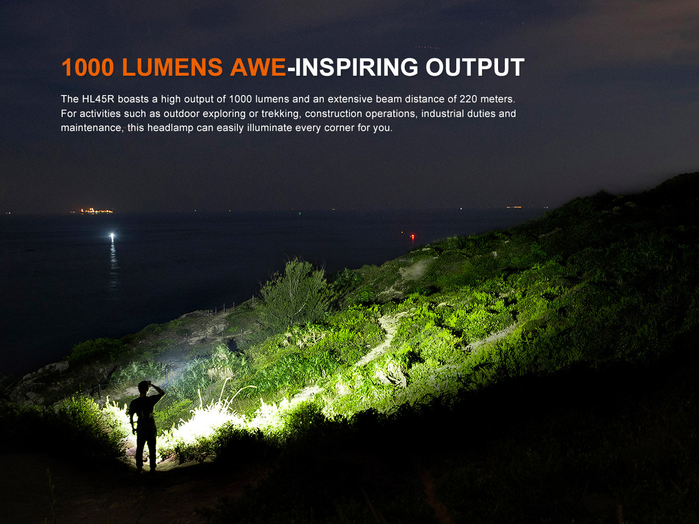 Fenix HL45R rechargeable headlamp with focusing and gesture-sensing features, shown with adjustable strap and LED light.