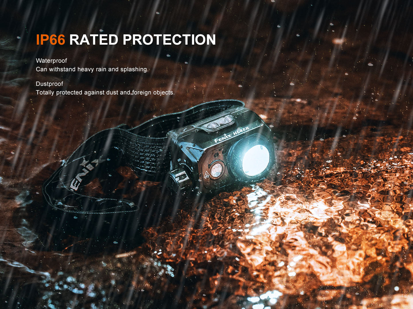 Fenix HL45R rechargeable headlamp with focusing feature and gesture sensing, shown with adjustable strap and bright LED light.