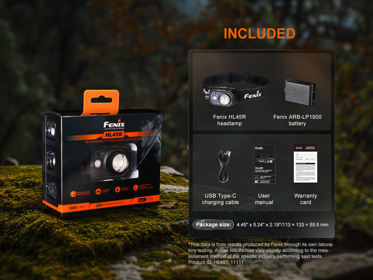 Fenix HL45R rechargeable headlamp with focusing and gesture-sensing features, shown with adjustable strap and bright LED light.