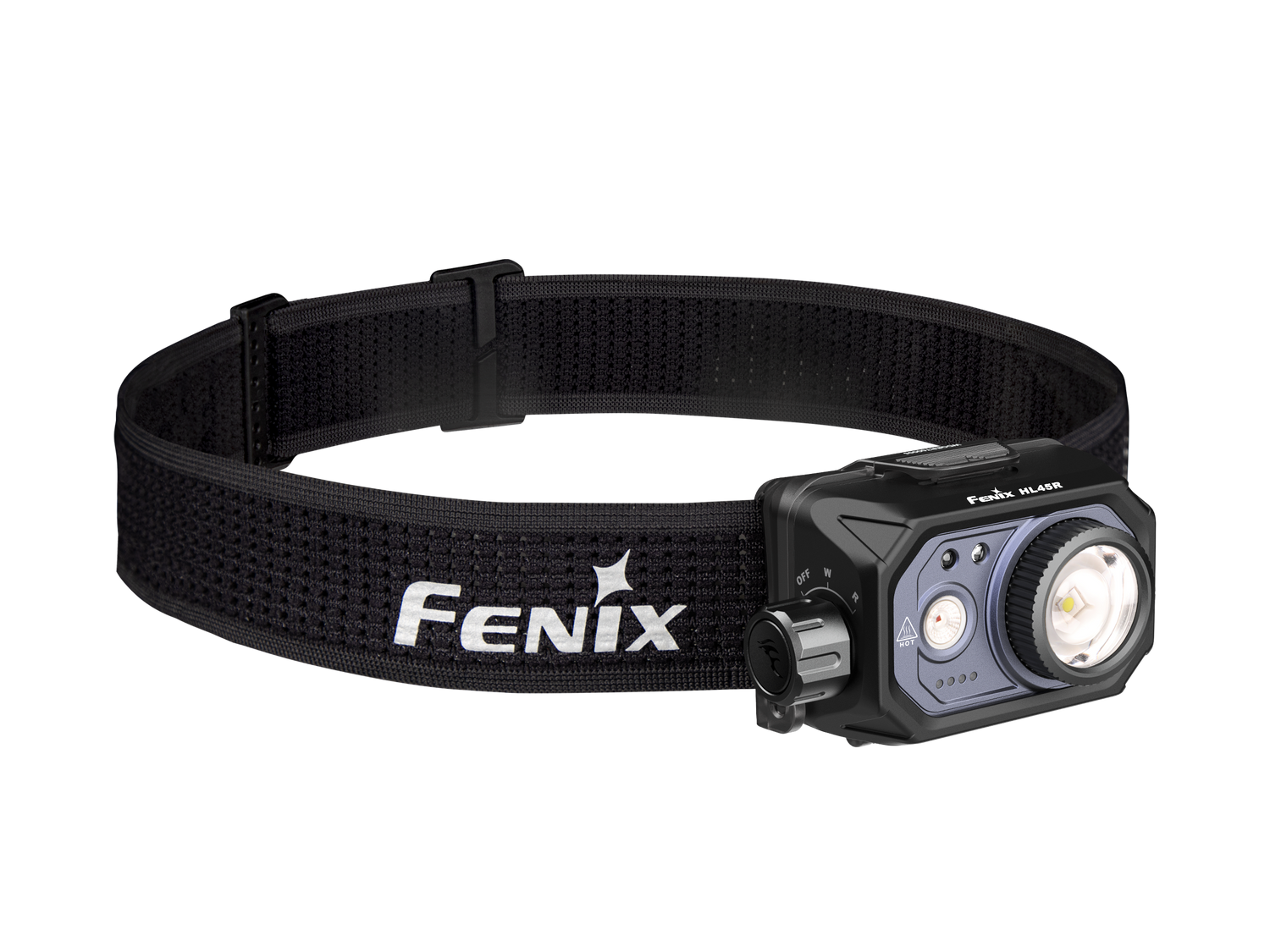 Fenix HL45R rechargeable headlamp with focusing and gesture-sensing features, shown with adjustable strap and bright LED light.