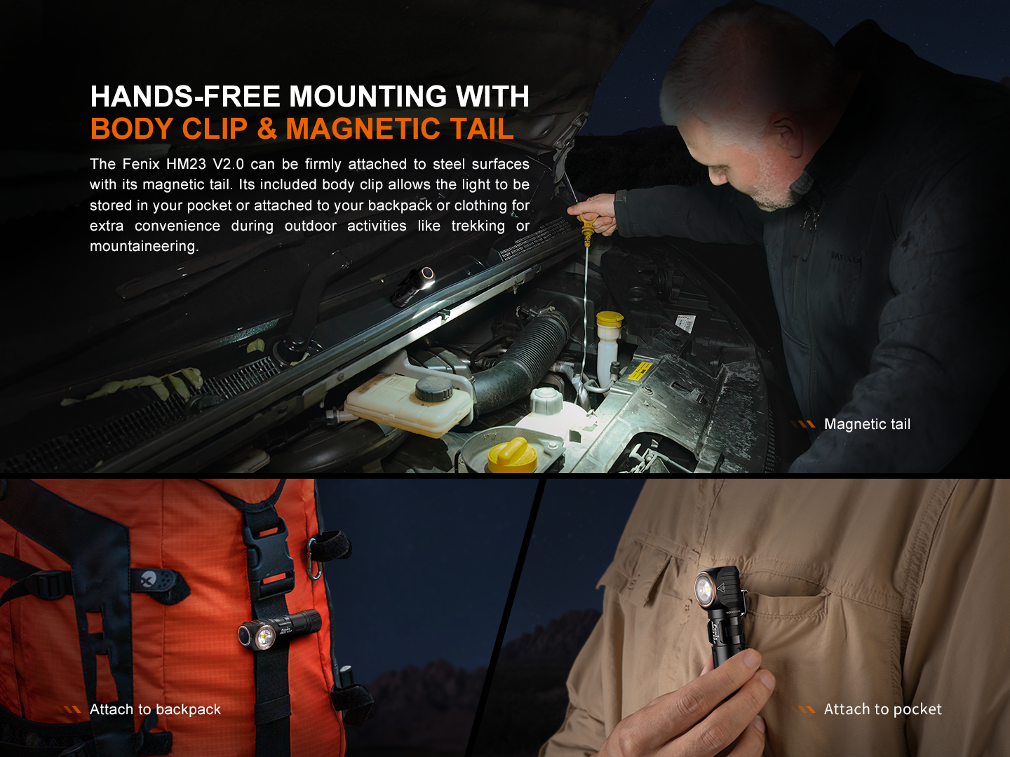 Fenix HM23 V2.0 lightweight detachable AA headlamp with adjustable strap and bright LED light for outdoor activities.