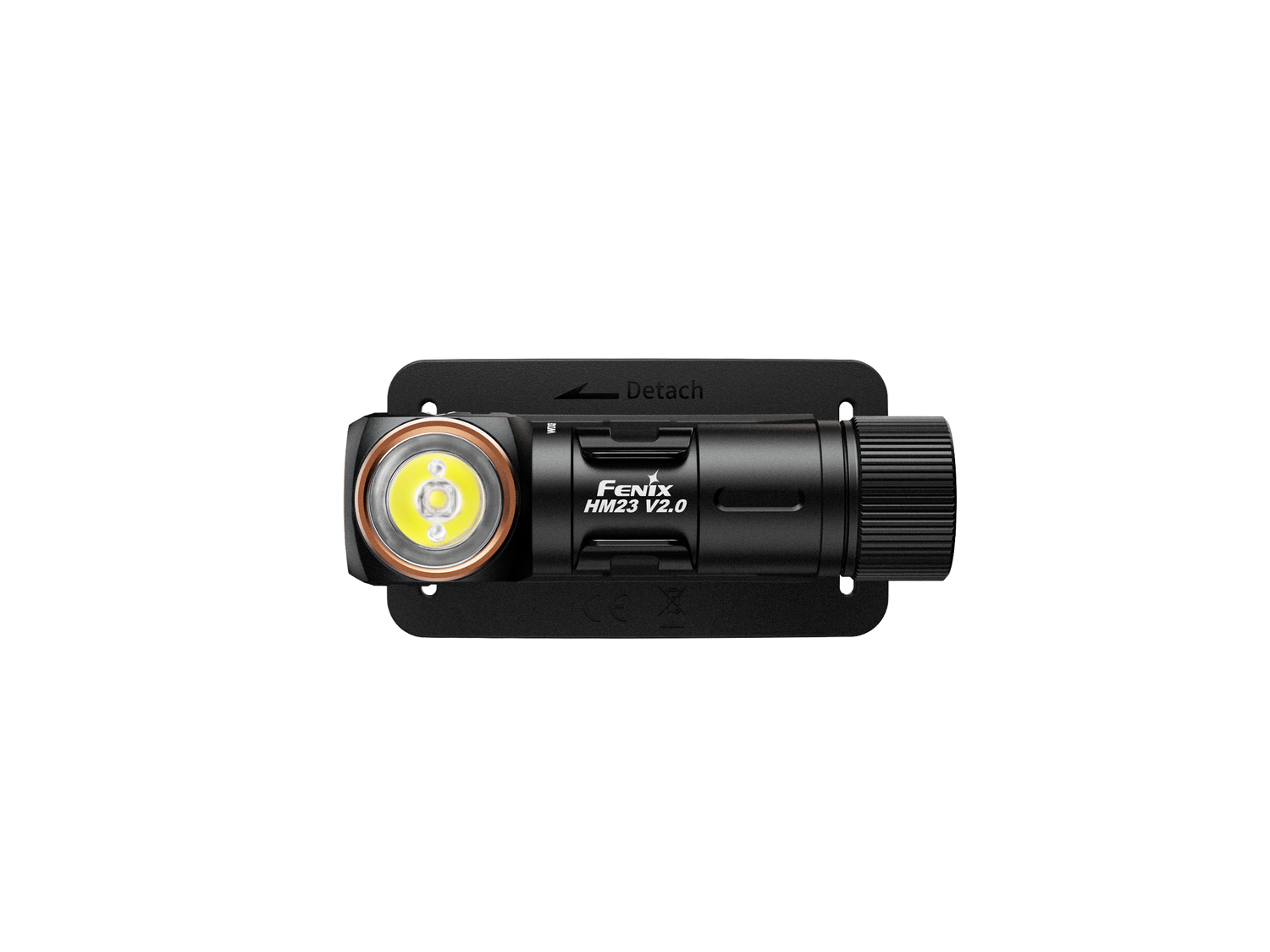 Fenix HM23 V2.0 lightweight detachable AA headlamp with adjustable strap and bright LED light for outdoor activities.