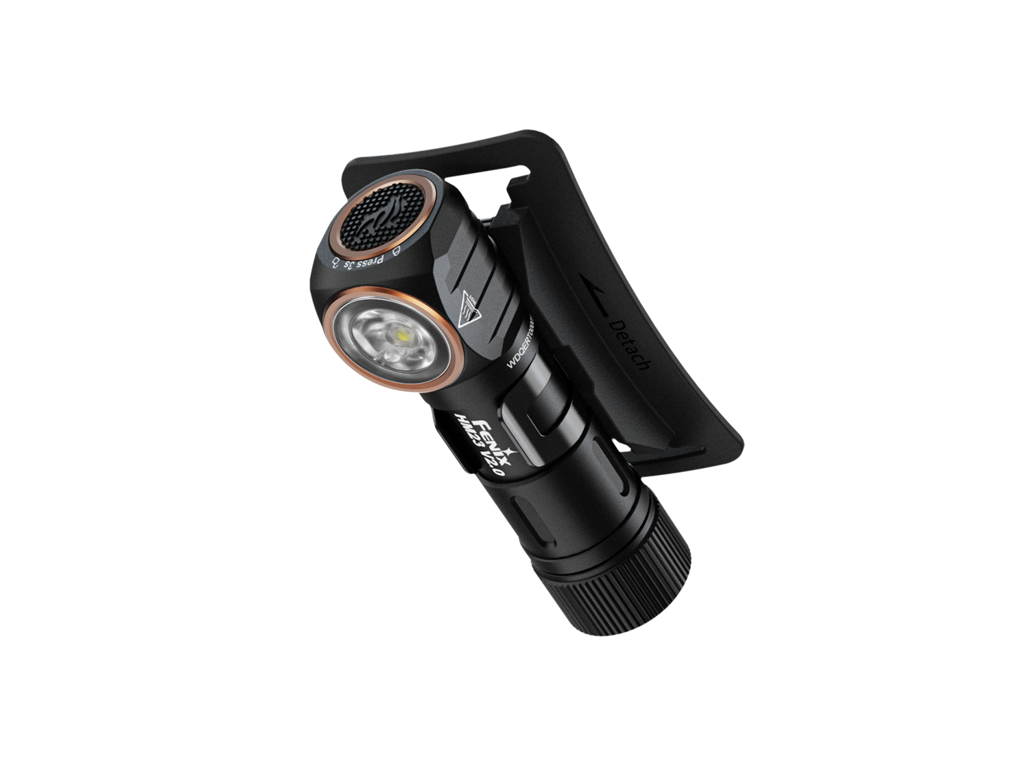 Fenix HM23 V2.0 lightweight detachable AA headlamp with adjustable strap and bright LED light for outdoor activities.