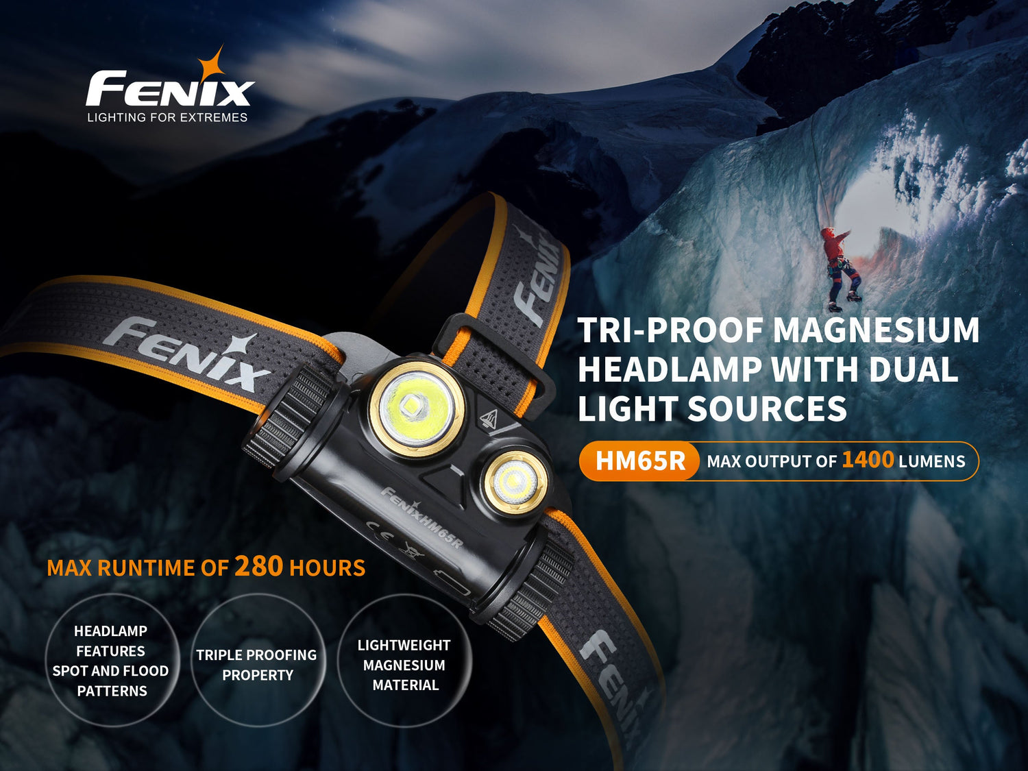 Fenix HM65R rechargeable LED headlamp with 1400 lumens, adjustable straps, and bright white light for outdoor activities