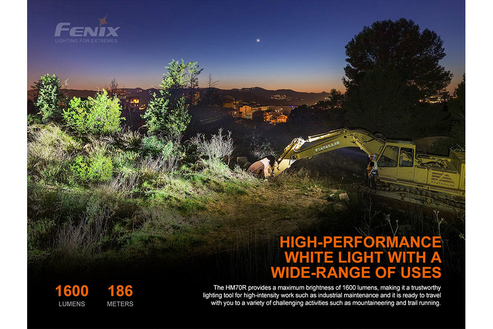 Fenix HM70R rechargeable LED headlamp with 1600 lumens, adjustable head strap, and durable construction for outdoor activities.