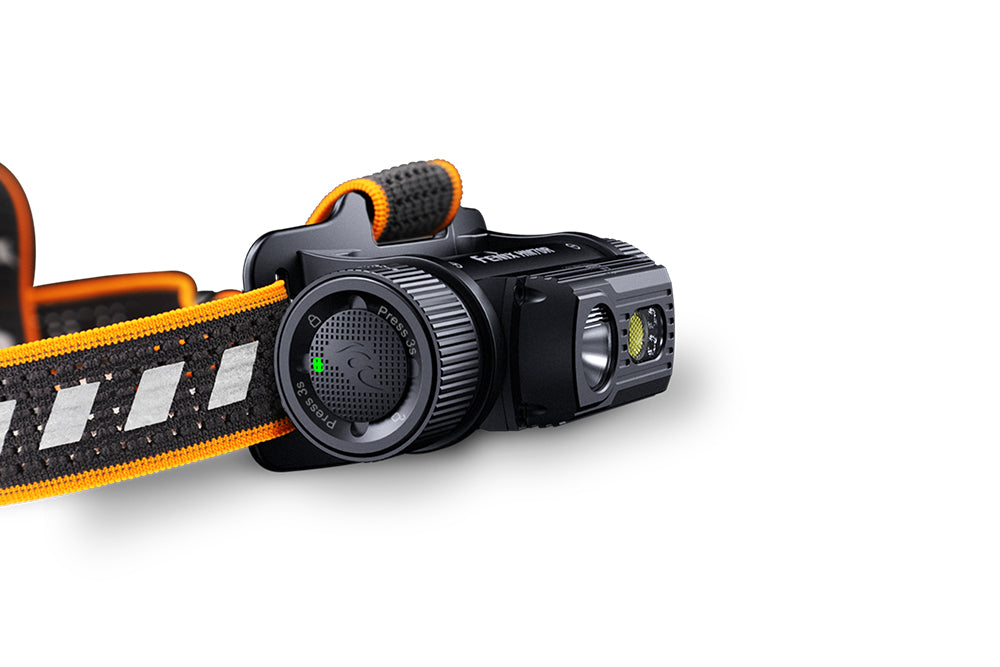 Fenix HM70R rechargeable LED headlamp with 1600 lumens, adjustable head strap, and high-performance lighting for outdoor activities.