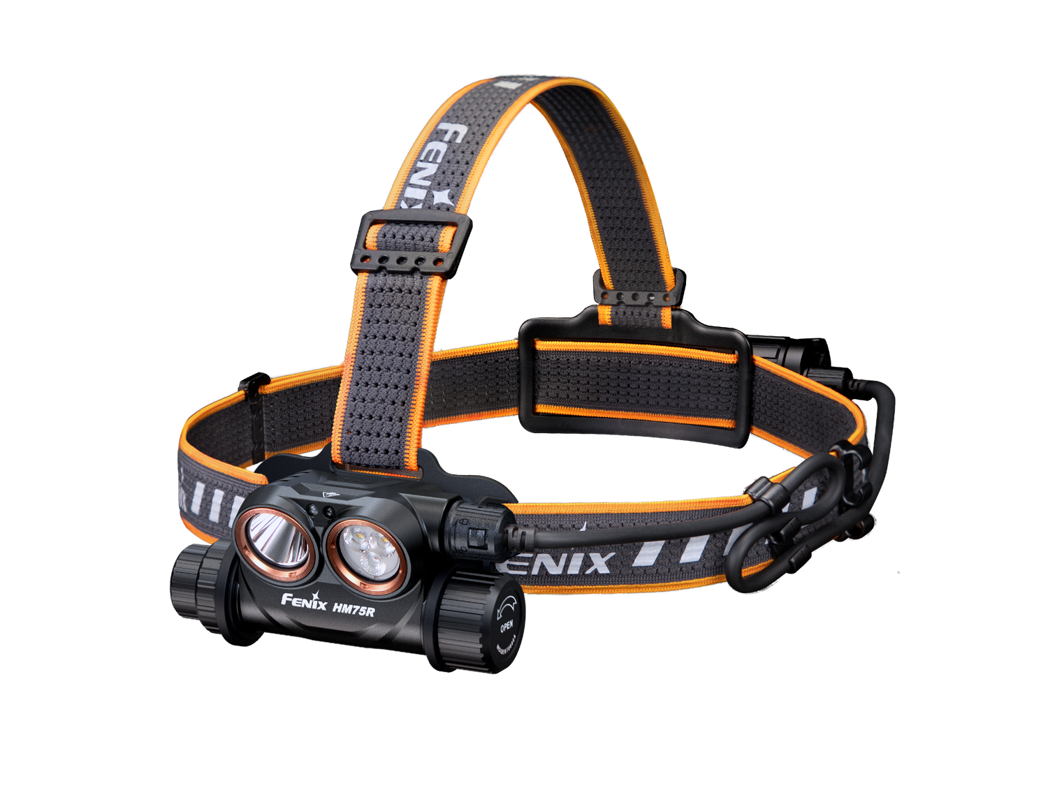 Fenix HM75R rechargeable industrial headlamp with 1600 lumens, black headstrap and adjustable focus for hands-free lighting