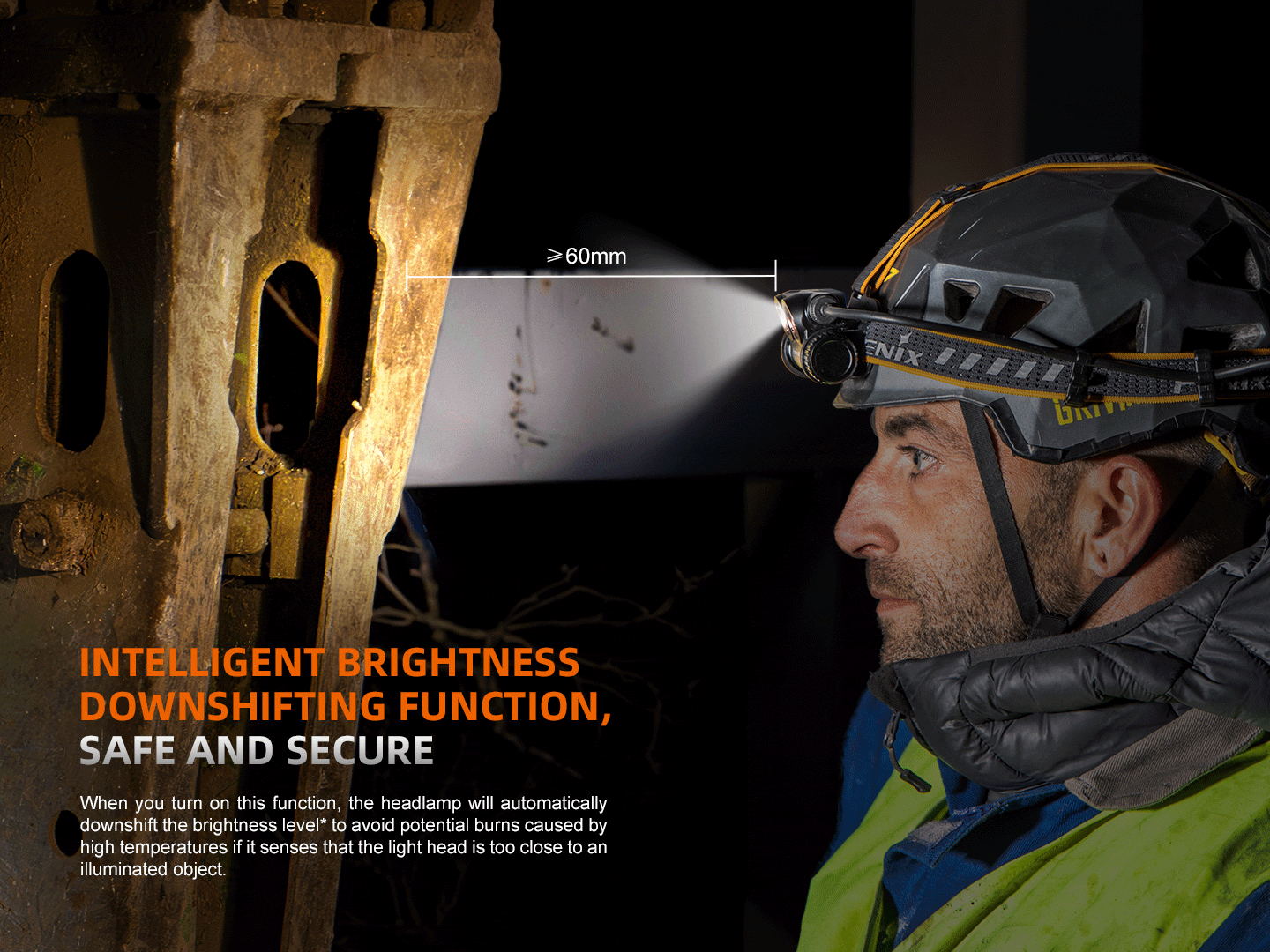 Fenix HM75R rechargeable industrial headlamp with 1600 lumens, adjustable straps, and high-performance LED light for outdoor use