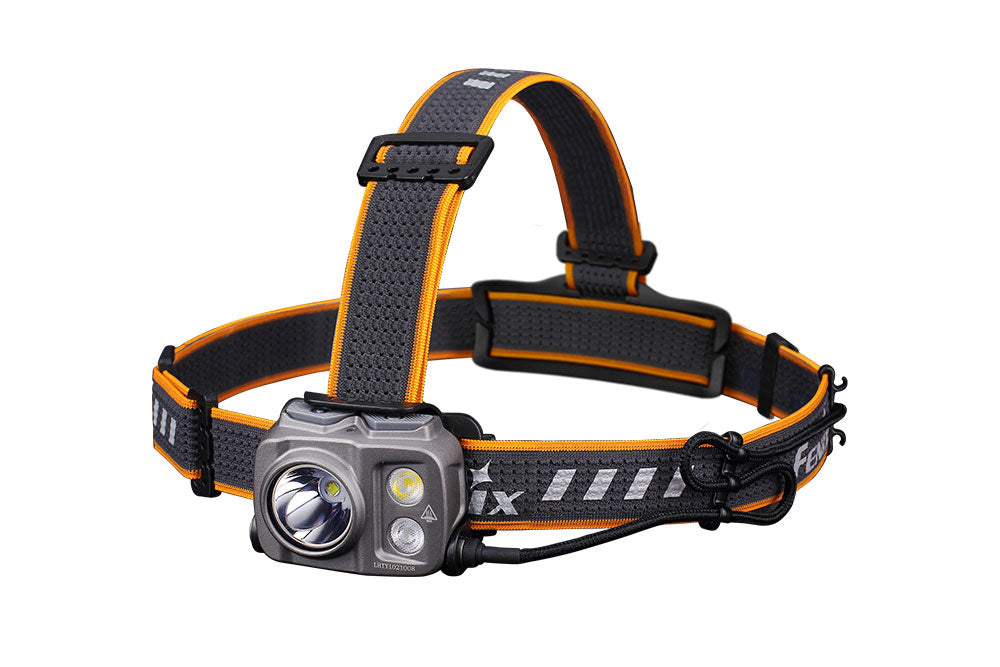 Fenix HP25R V2.0 headlamp with 1600 lumens, adjustable strap, and durable design for outdoor activities and hands-free lighting.