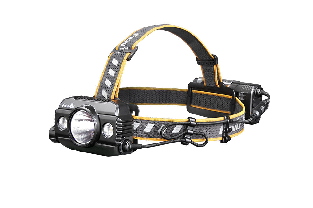 Fenix HP30R V2.0 LED headlamp with 3000 lumens, adjustable strap, and bright beam for outdoor activities and camping.