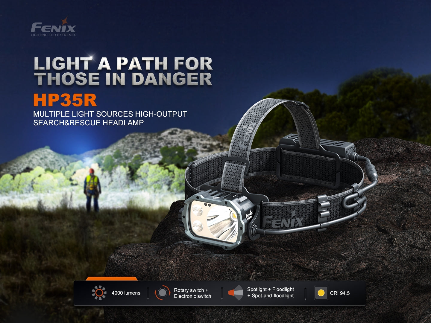 Fenix HP35R Search and Rescue Headlamp with adjustable strap, LED light, and compact design for outdoor and emergency use