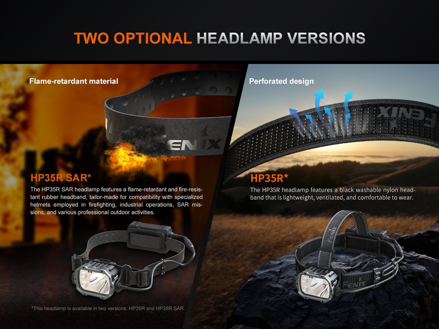 Fenix HP35R Search and Rescue Headlamp with adjustable strap and powerful LED light, designed for outdoor and rescue use.