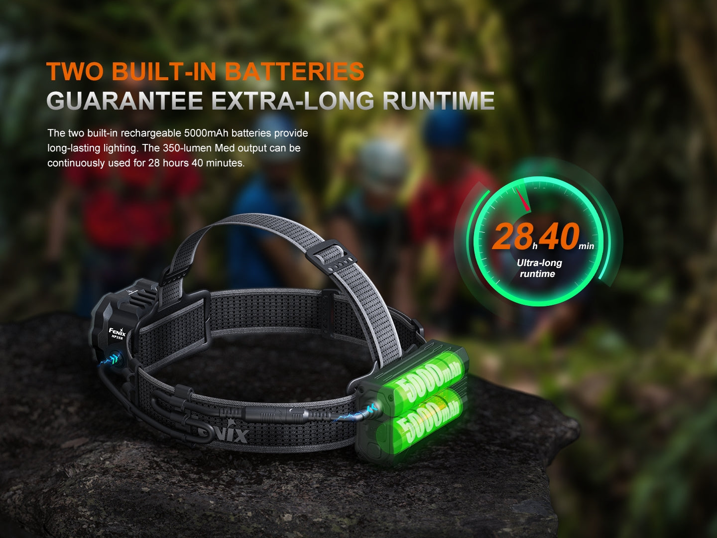 Fenix HP35R Search and Rescue Headlamp with adjustable strap, bright LED light, and multiple lighting modes for outdoor use.