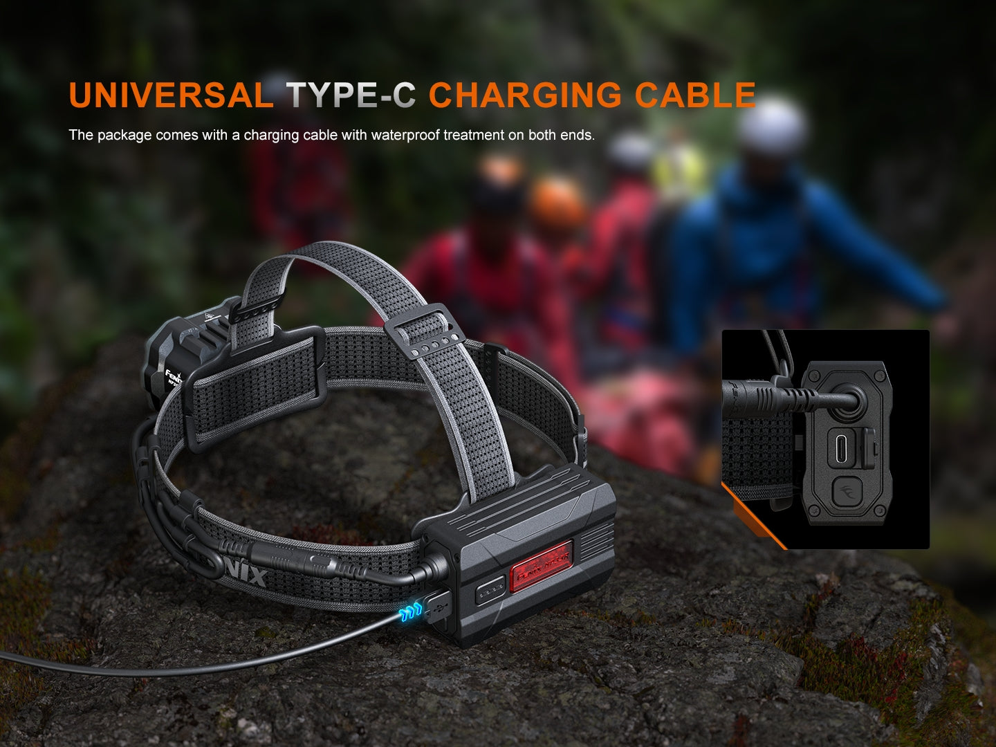 Fenix HP35R search and rescue headlamp with adjustable straps, rechargeable battery, and bright LED illumination.