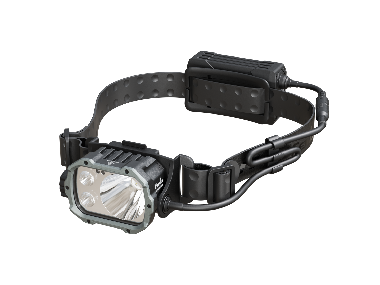 Fenix HP35R Search and Rescue Headlamp showing adjustable strap, bright LED beam, and durable design for outdoor rescue work