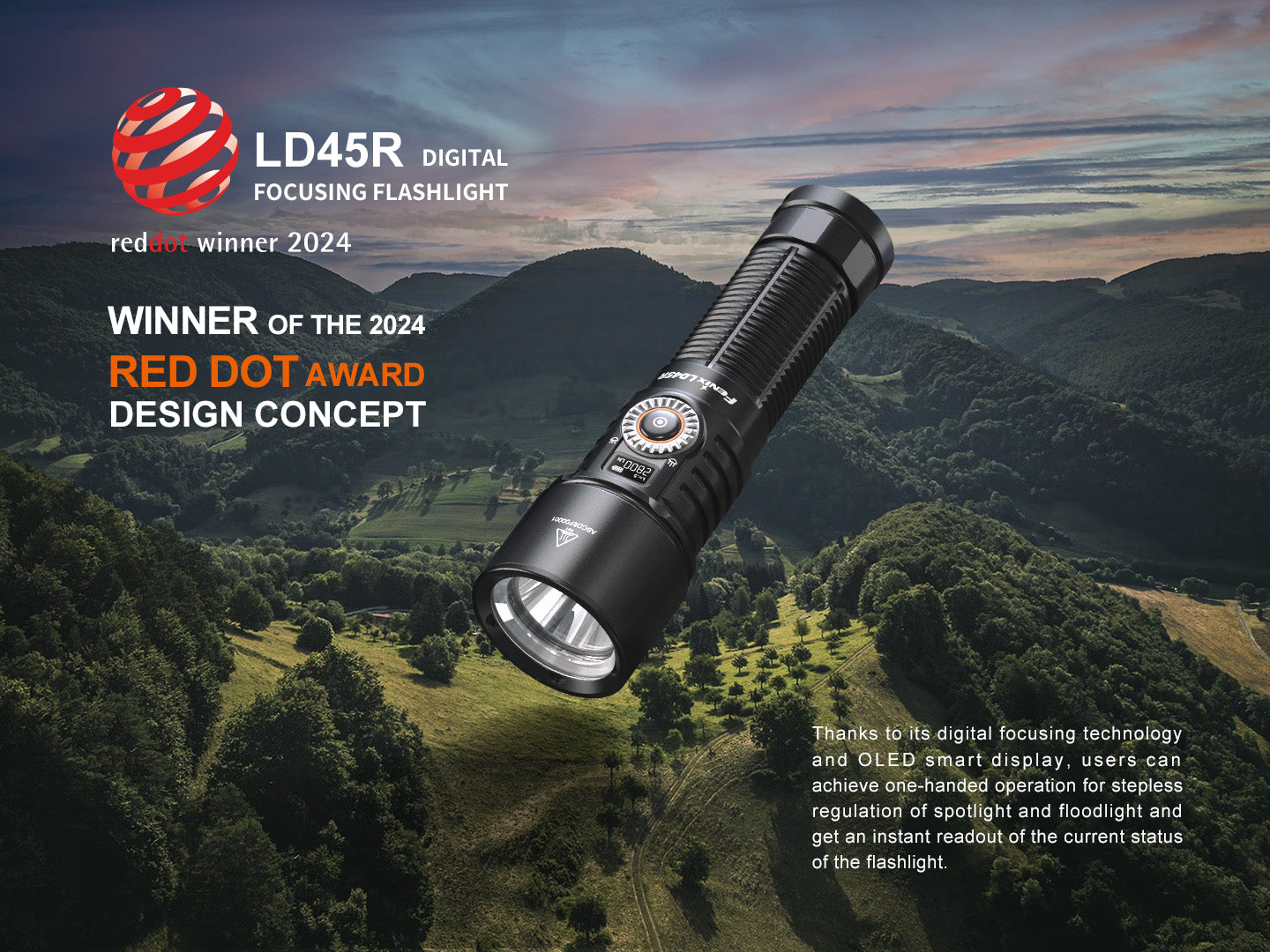Fenix LD45R rechargeable LED flashlight with digital focus, black body, and textured grip for outdoor illumination.