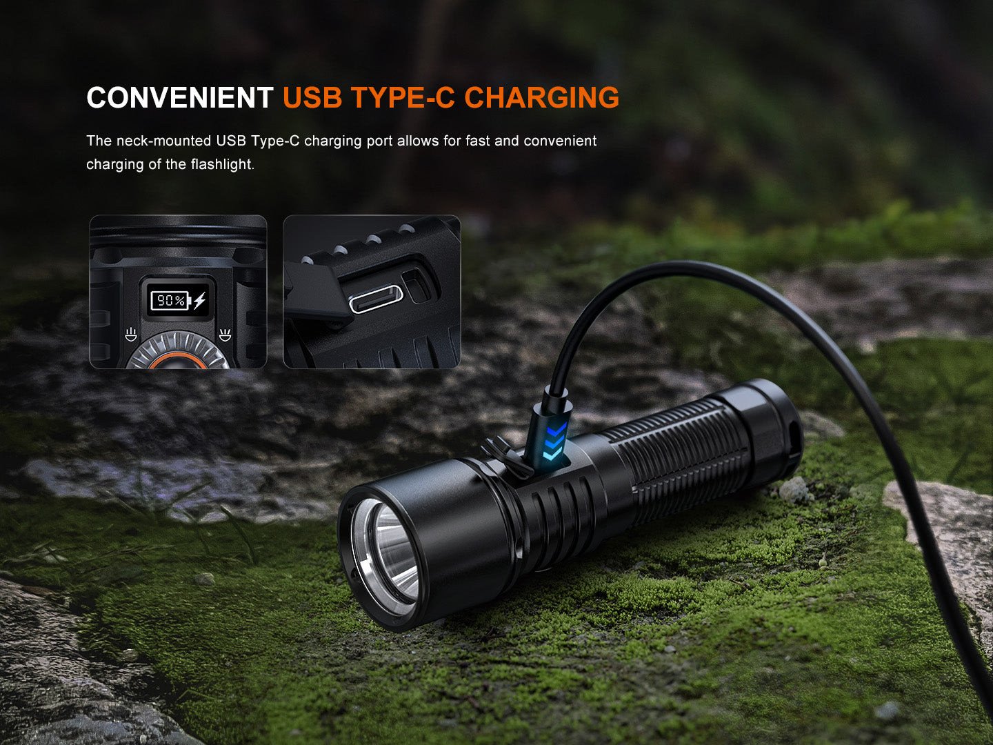 Fenix LD45R digital focus rechargeable LED flashlight with textured grip and adjustable beam on a dark background.