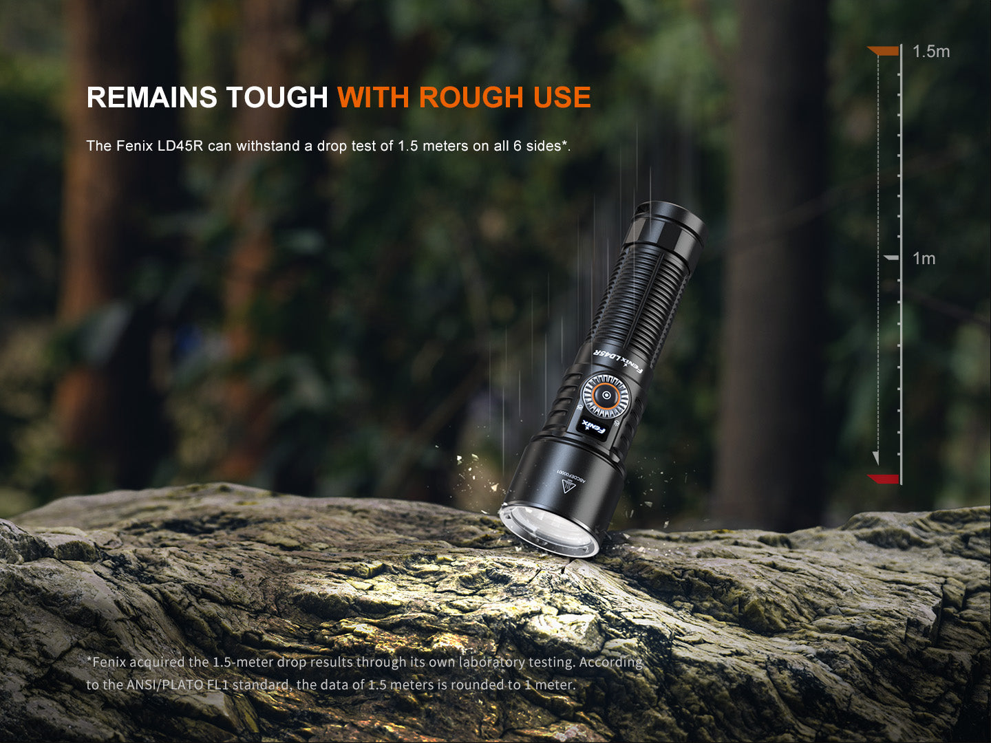 Fenix LD45R rechargeable LED flashlight with digital focus and rugged black body, showcased on a neutral background.