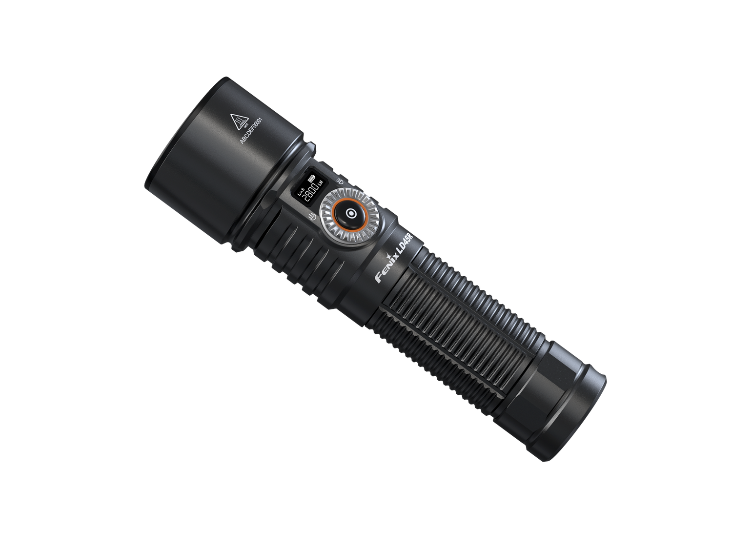 Fenix LD45R rechargeable LED flashlight with digital focus, black body, and adjustable beam, designed for high-performance illumination.