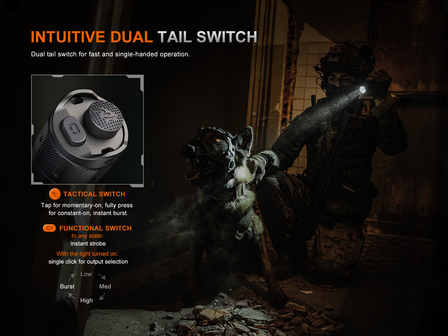 Black Fenix TK21R tactical duty flashlight, compact and durable with LED beam, designed for professional and outdoor use.