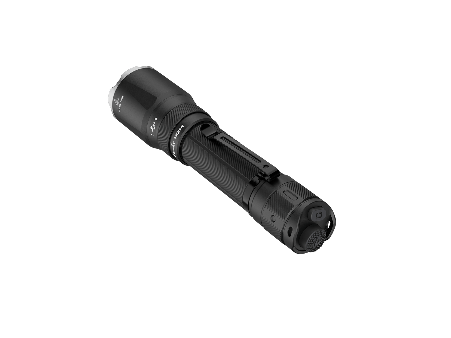 Black Fenix TK21R tactical flashlight with textured grip and LED lamp, designed for durable outdoor and tactical use.