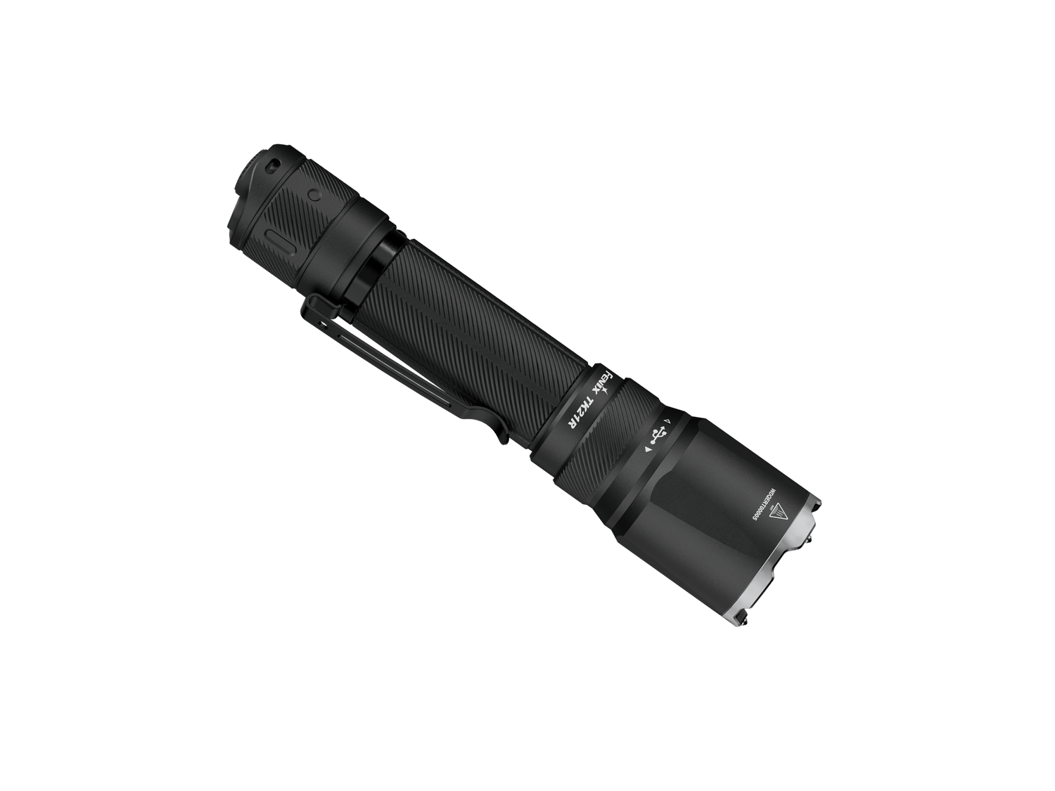 Black Fenix TK21R tactical duty flashlight with textured handle and LED beam, designed for professional use and outdoor activities.