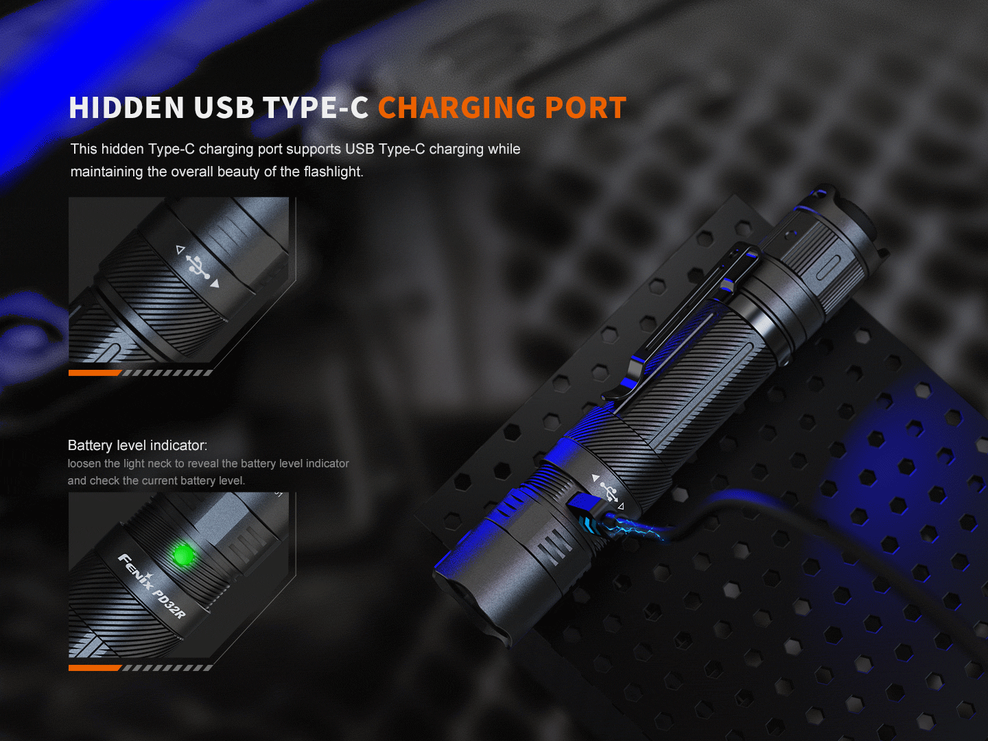 Fenix PD32R rechargeable tactical flashlight with silent switch, black body, and LED beam, designed for outdoor and tactical use.