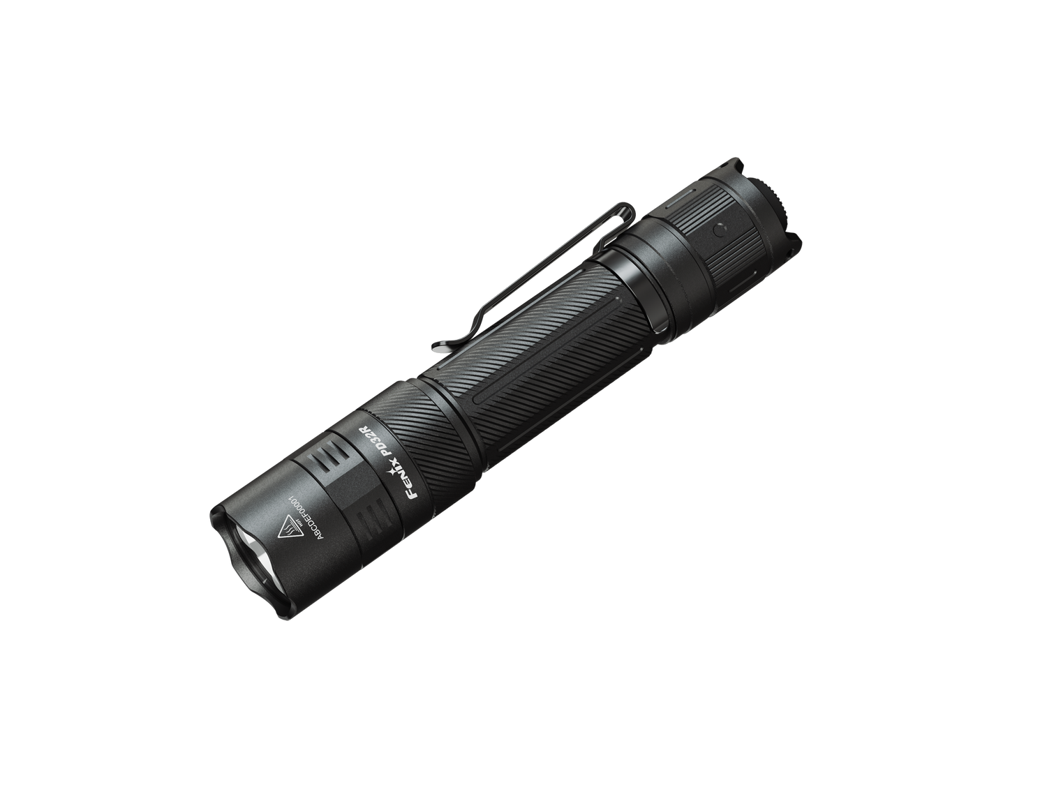 Fenix PD32R rechargeable tactical LED flashlight with silent switch, compact design, and Brunette finish, ideal for outdoor and tactical use.
