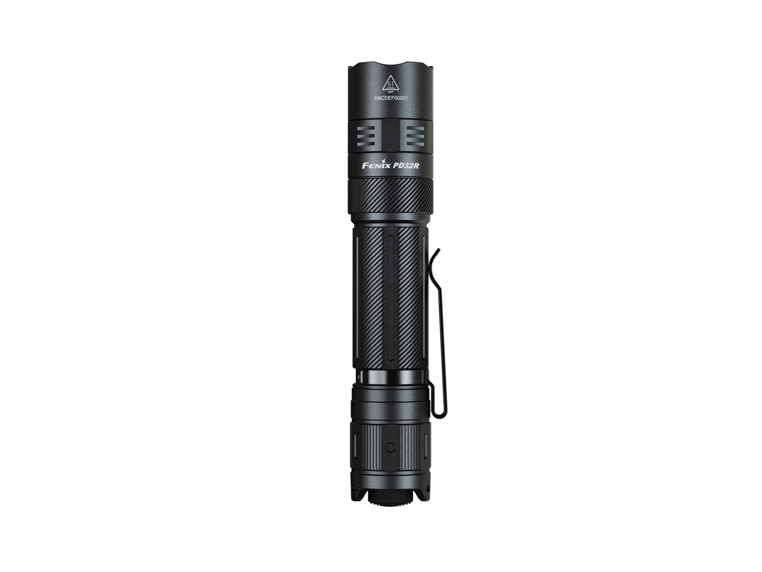 Fenix PD32R rechargeable tactical LED flashlight with silent switch, black body, and compact design for outdoor or emergency use.